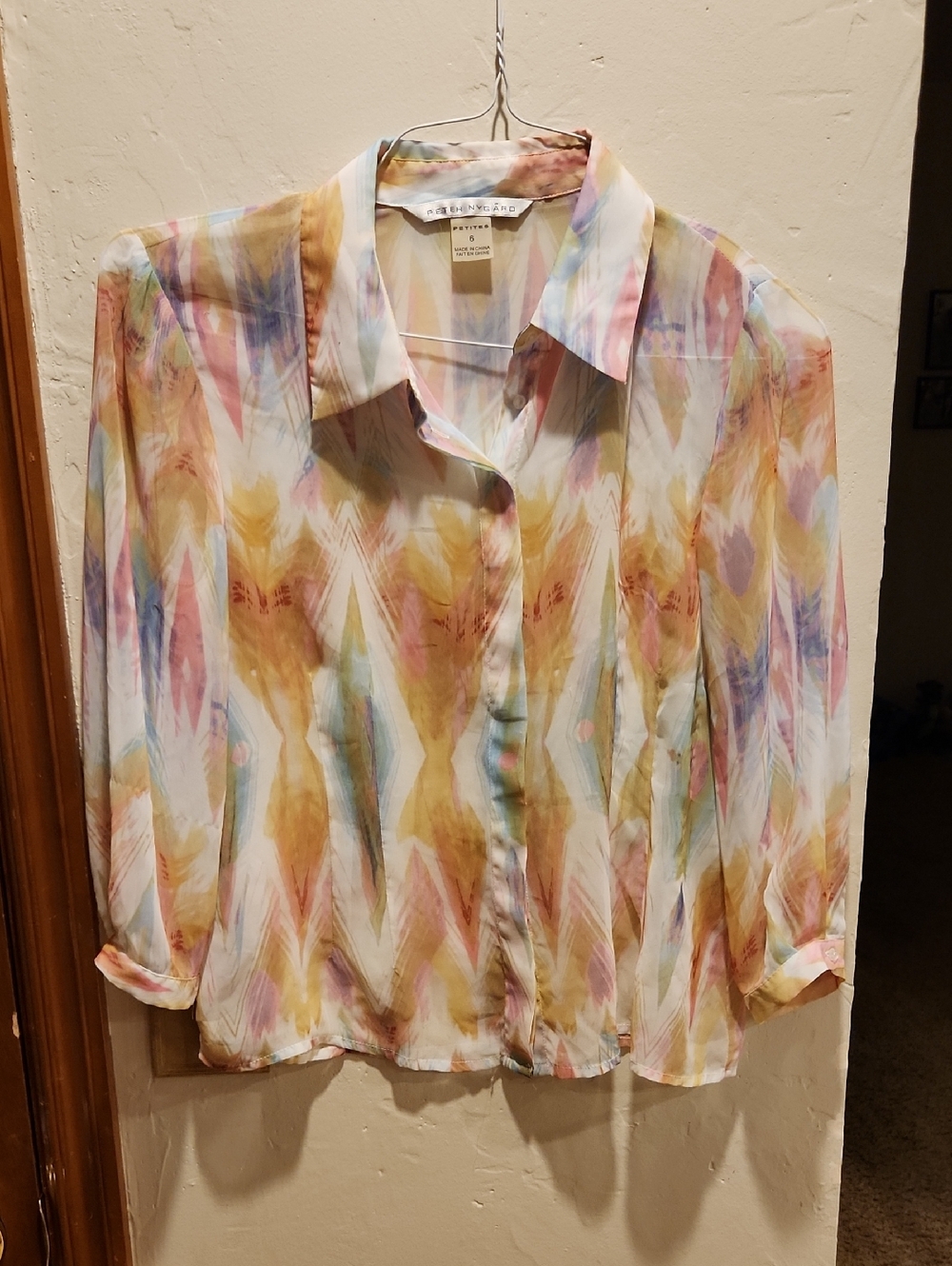 Peter Nygard Pastel Watercolor Button-Down Blouse - Pink Blue Yellow Cream